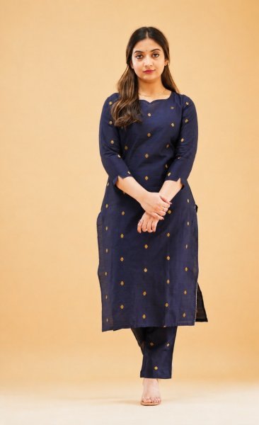 Futuristic Kanchi Cotton stylish Round V neck design Kurti Pant Set with Zari Work for Women  Straight Cut Long Kurtis