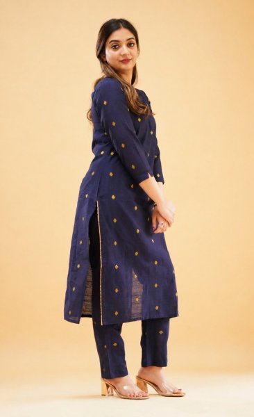 Futuristic Kanchi Cotton stylish Round V neck design Kurti Pant Set with Zari Work for Women  Straight Cut Long Kurtis