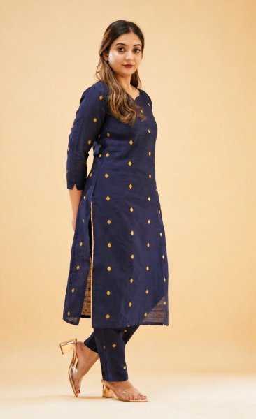 Futuristic Kanchi Cotton stylish Round V neck design Kurti Pant Set with Zari Work for Women  Straight Cut Long Kurtis
