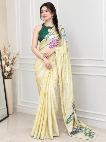 Futuristic Light Yellow Premium Satin Silk Printed Saree with Banglory Blouse at Manufacturer Rate 
