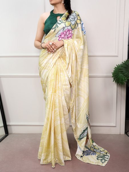 Futuristic Light Yellow Premium Satin Silk Printed Saree with Banglory Blouse at Manufacturer Rate Silk Sarees Wholesale