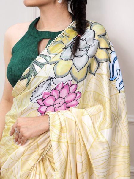 Futuristic Light Yellow Premium Satin Silk Printed Saree with Banglory Blouse at Manufacturer Rate Silk Sarees Wholesale