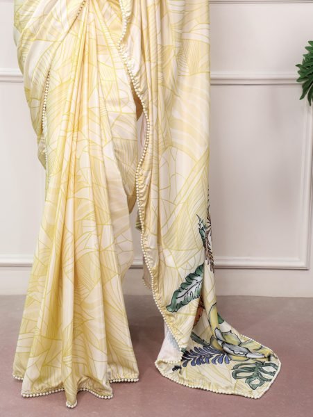 Futuristic Light Yellow Premium Satin Silk Printed Saree with Banglory Blouse at Manufacturer Rate Silk Sarees Wholesale