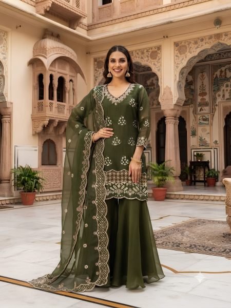 Futuristic Mahendi Green Premium Burbury Kurti Palazzo Set with Embroidered Dupatta 