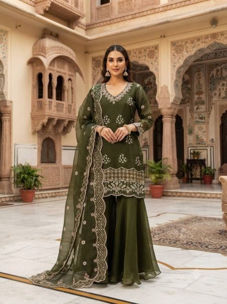 Futuristic Mahendi Green Premium Burbury Kurti Palazzo Set with Embroidered Dupatta Ready To Wear Collection