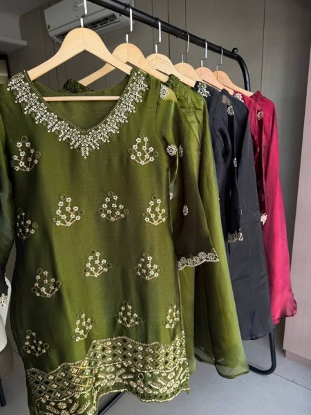 Futuristic Mahendi Green Premium Burbury Kurti Palazzo Set with Embroidered Dupatta Ready To Wear Collection