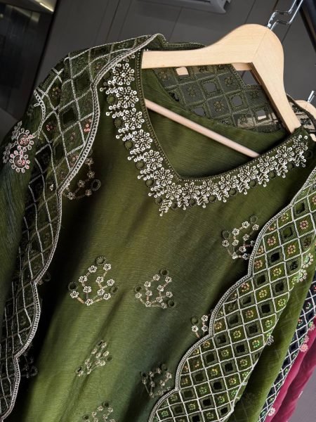 Futuristic Mahendi Green Premium Burbury Kurti Palazzo Set with Embroidered Dupatta Ready To Wear Collection