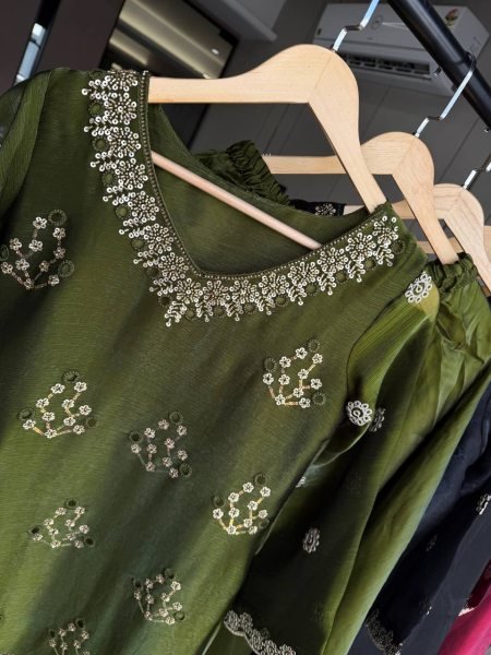 Futuristic Mahendi Green Premium Burbury Kurti Palazzo Set with Embroidered Dupatta Ready To Wear Collection