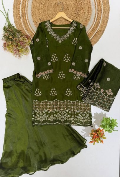 Futuristic Mahendi Green Premium Burbury Kurti Palazzo Set with Embroidered Dupatta Ready To Wear Collection