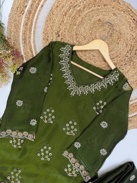 Futuristic Mahendi Green Premium Burbury Kurti Palazzo Set with Embroidered Dupatta Ready To Wear Collection