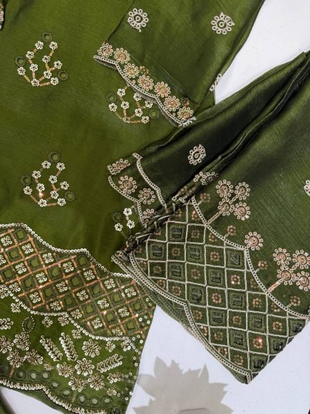 Futuristic Mahendi Green Premium Burbury Kurti Palazzo Set with Embroidered Dupatta Ready To Wear Collection