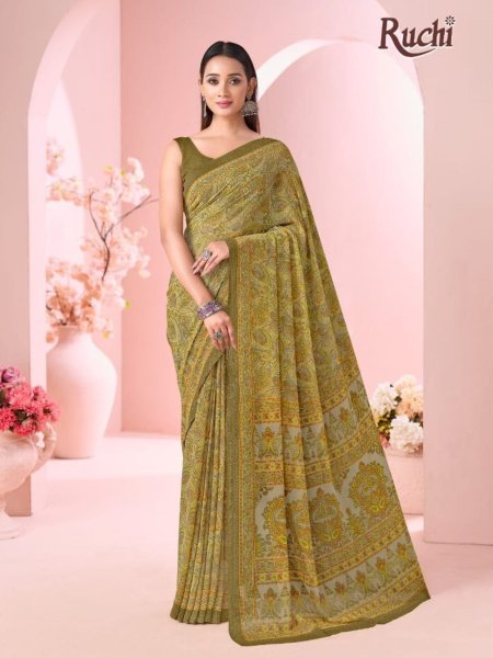 Futuristic Mahendi Green Wholesale Women's Printed Georgette Saree Supplier 