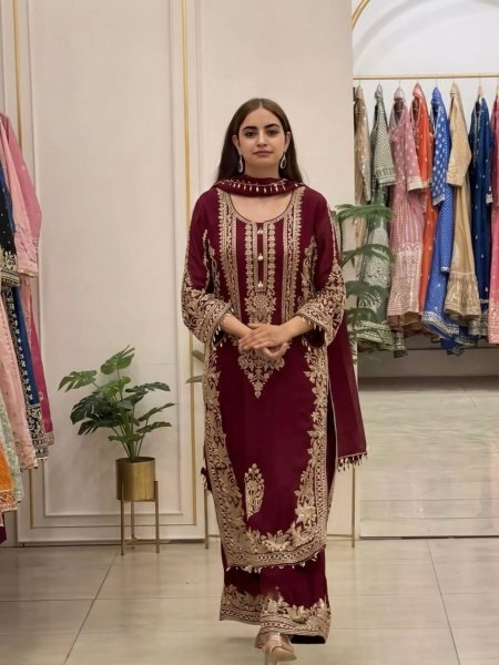 Futuristic Maroon Georgette Long Kurti Set With Heavy Embroidery Full Sleeves  Ready To Wear Suit