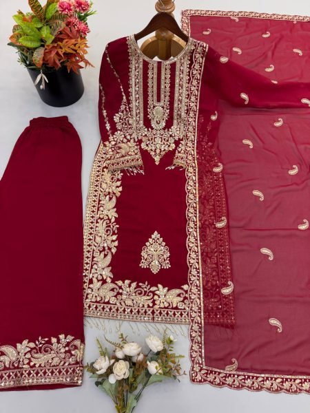 Futuristic Maroon Georgette Long Kurti Set With Heavy Embroidery Full Sleeves  Ready To Wear Collection