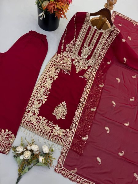 Futuristic Maroon Georgette Long Kurti Set With Heavy Embroidery Full Sleeves  Ready To Wear Collection