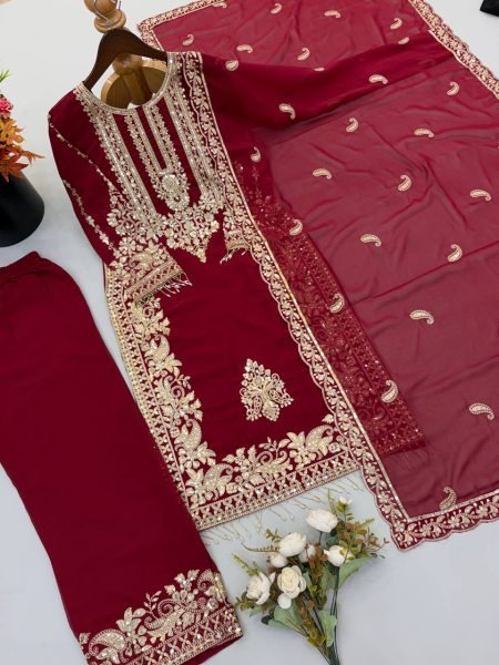 Futuristic Maroon Georgette Long Kurti Set With Heavy Embroidery Full Sleeves  Ready To Wear Collection
