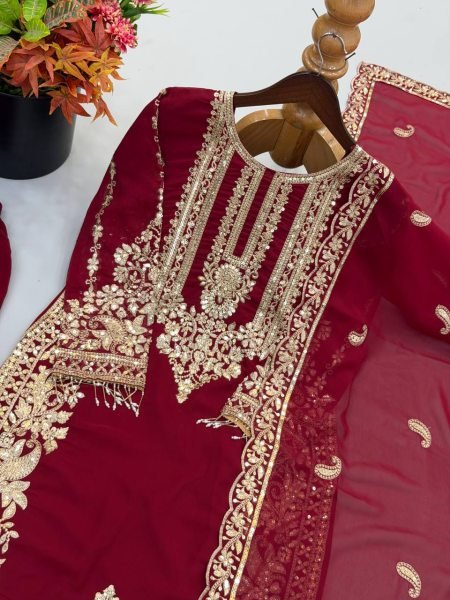 Futuristic Maroon Georgette Long Kurti Set With Heavy Embroidery Full Sleeves  Ready To Wear Collection