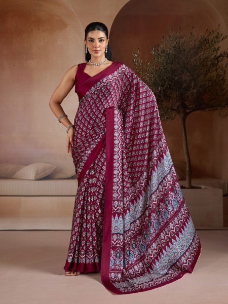 Futuristic Maroon Satin Georgette Saree for Cultural and Festive Occasions Sarees 