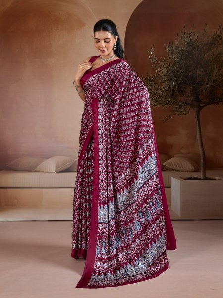 Futuristic Maroon Satin Georgette Saree for Cultural and Festive Occasions Georgette Sarees Wholesale