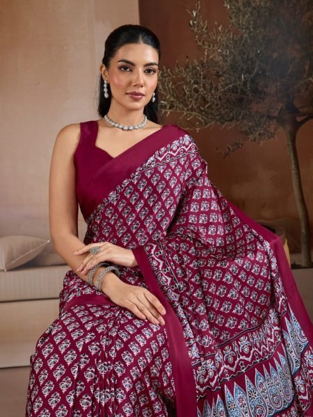 Futuristic Maroon Satin Georgette Saree for Cultural and Festive Occasions Georgette Sarees Wholesale