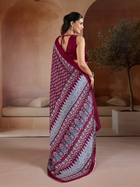 Futuristic Maroon Satin Georgette Saree for Cultural and Festive Occasions Georgette Sarees Wholesale