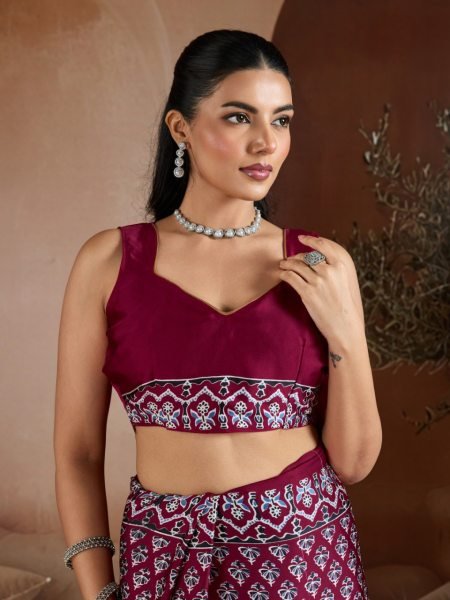 Futuristic Maroon Satin Georgette Saree for Cultural and Festive Occasions Georgette Sarees Wholesale