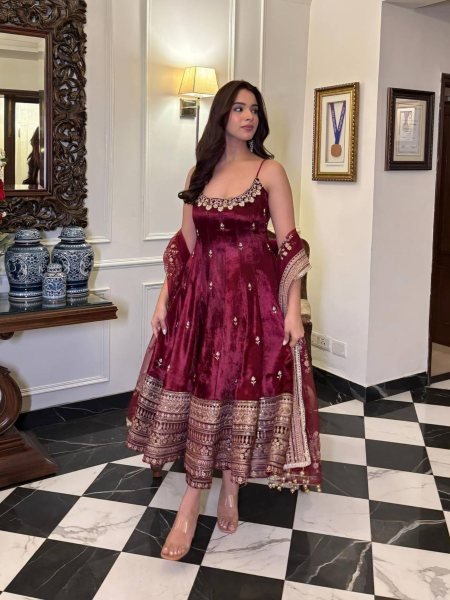 Futuristic Maroon Vichitra Silk Gown with Embroidered Dupatta for Festive Celebrations 
