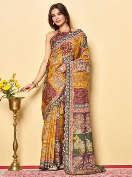 Futuristic Mustered Yellow Wine Tussar Silk Saree with Cutwork Border Collection Kurtis