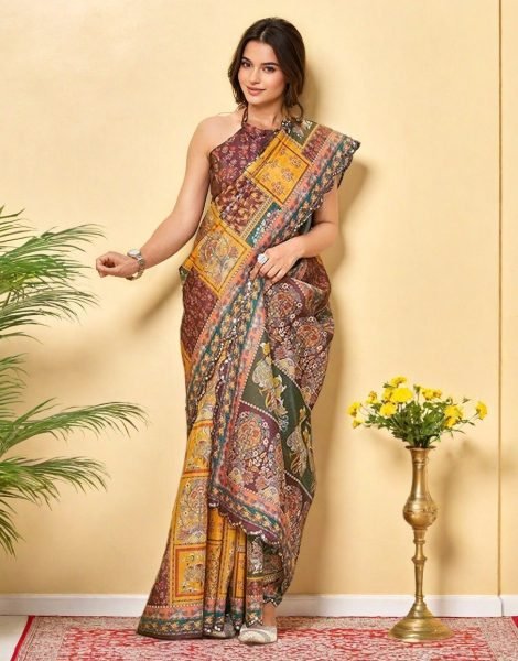 Futuristic Mustered Yellow Wine Tussar Silk Saree with Cutwork Border Collection Printed Kurtis