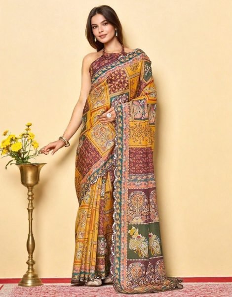 Futuristic Mustered Yellow Wine Tussar Silk Saree with Cutwork Border Collection Printed Kurtis