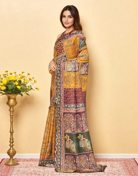 Futuristic Mustered Yellow Wine Tussar Silk Saree with Cutwork Border Collection Printed Kurtis