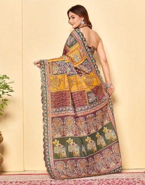 Futuristic Mustered Yellow Wine Tussar Silk Saree with Cutwork Border Collection Printed Kurtis