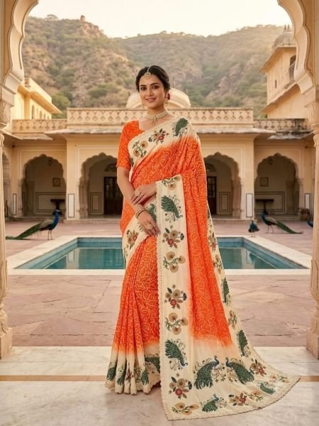 Futuristic Orange Chinon Silk Digital Printed Saree with Heavy Swarovski Embroidery Sarees 