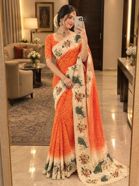 Futuristic Orange Chinon Silk Digital Printed Saree with Heavy Swarovski Embroidery Silk Sarees Wholesale