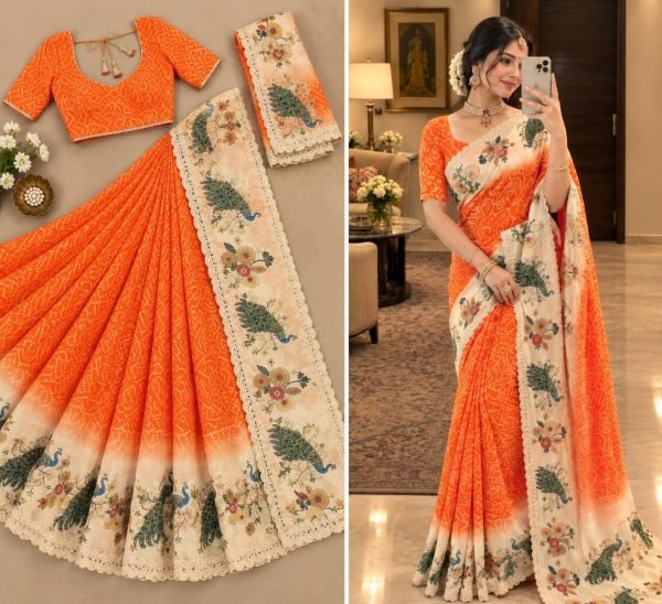 Futuristic Orange Chinon Silk Digital Printed Saree with Heavy Swarovski Embroidery Silk Sarees Wholesale