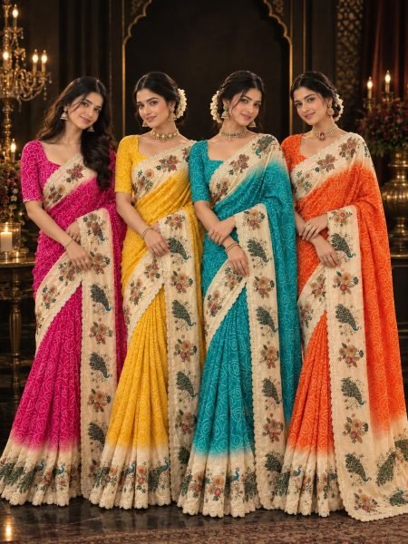 Futuristic Orange Chinon Silk Digital Printed Saree with Heavy Swarovski Embroidery Silk Sarees Wholesale