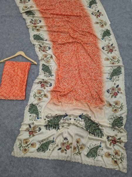 Futuristic Orange Chinon Silk Digital Printed Saree with Heavy Swarovski Embroidery Silk Sarees Wholesale