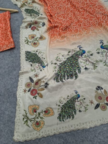 Futuristic Orange Chinon Silk Digital Printed Saree with Heavy Swarovski Embroidery Silk Sarees Wholesale