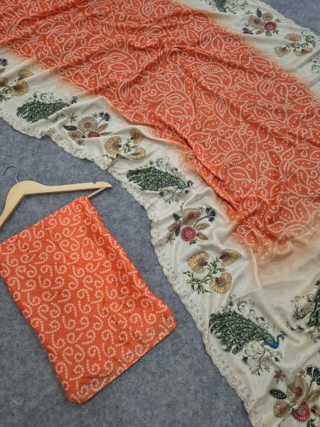 Futuristic Orange Chinon Silk Digital Printed Saree with Heavy Swarovski Embroidery Silk Sarees Wholesale