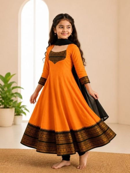 Futuristic Orange Kids Onam Special Anarkali Gown with Dupatta at Manufacturer  Kurtis
