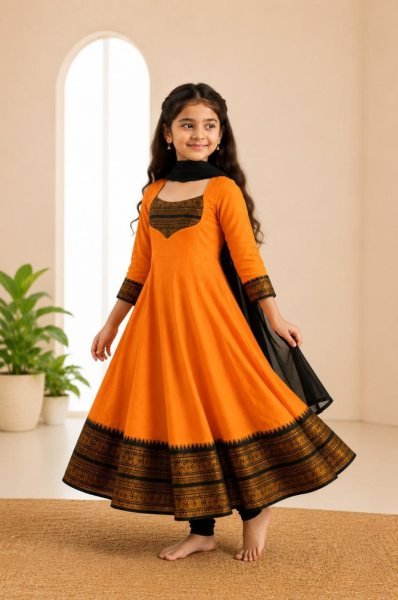 Futuristic Orange Kids Onam Special Anarkali Gown with Dupatta at Manufacturer  Girls Wear