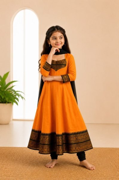 Futuristic Orange Kids Onam Special Anarkali Gown with Dupatta at Manufacturer  Girls Wear
