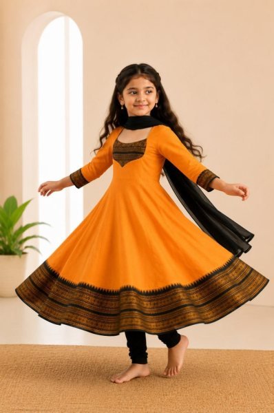 Futuristic Orange Kids Onam Special Anarkali Gown with Dupatta at Manufacturer  Girls Wear