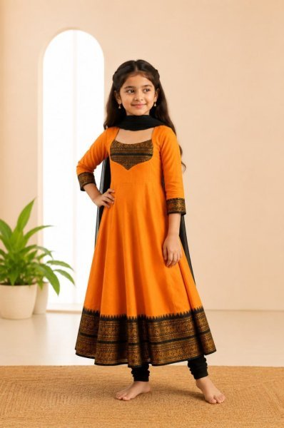 Futuristic Orange Kids Onam Special Anarkali Gown with Dupatta at Manufacturer  Girls Wear