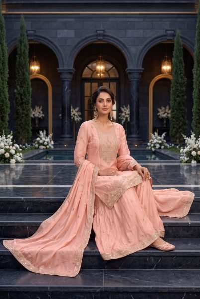 Futuristic Pink Chinnon Embroidered Suit Set with Beads Detailing and Butti Dupatta For Bluk Order Designer Plazzo Salwar Suits Wholesale