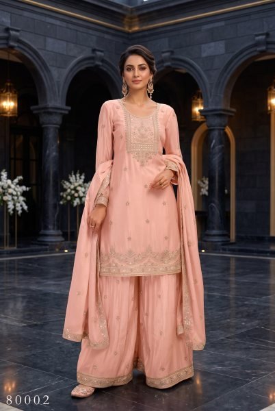 Futuristic Pink Chinnon Embroidered Suit Set with Beads Detailing and Butti Dupatta For Bluk Order Designer Plazzo Salwar Suits Wholesale