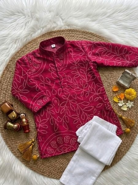Futuristic Pink Designer Kids Gajji Silk Ajrakh Kurta with Drawstring Pant at Wholesale 