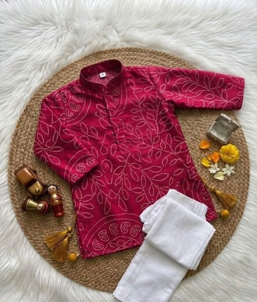 Futuristic Pink Designer Kids Gajji Silk Ajrakh Kurta with Drawstring Pant at Wholesale Boys Wear