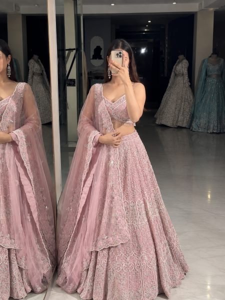 Futuristic Pink Faux Georgette Lehenga Choli with Front and Back Embroidered Blouse 