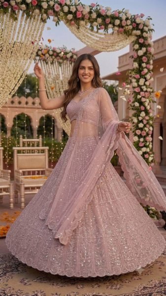 Futuristic Pink Faux Georgette Lehenga Choli with Front and Back Embroidered Blouse Designer Lehenga Choli